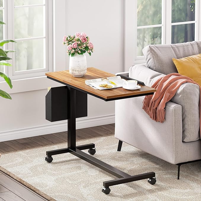 Tribesigns Height Adjustable C Shaped End Table with Wheels and Side Pocket, Mobile Sofa Snack Table with Tiltable Drawing Board, Laptop Side Tray Table for Couch Bed (Walnut Brown)