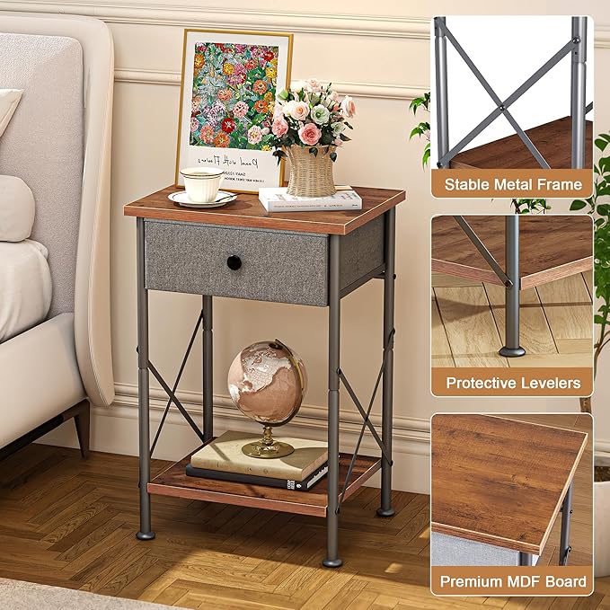 VECELO End Tables, Modern Nightstand with Fabric Drawer & Open Shelf, Night Stand for Bedroom Living Room, Industrial Metal Frame, Easy Assembly, Retro Brown,2 Pack