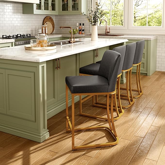 MAISON ARTS Counter Height Bar Stools Set of 3 with Back for Kitchen Counter 24 inch Modern Gold Barstools Upholstered Faux Leather Farmhouse Bar Chairs Island Stools Support 330LBS, Grey+Gold