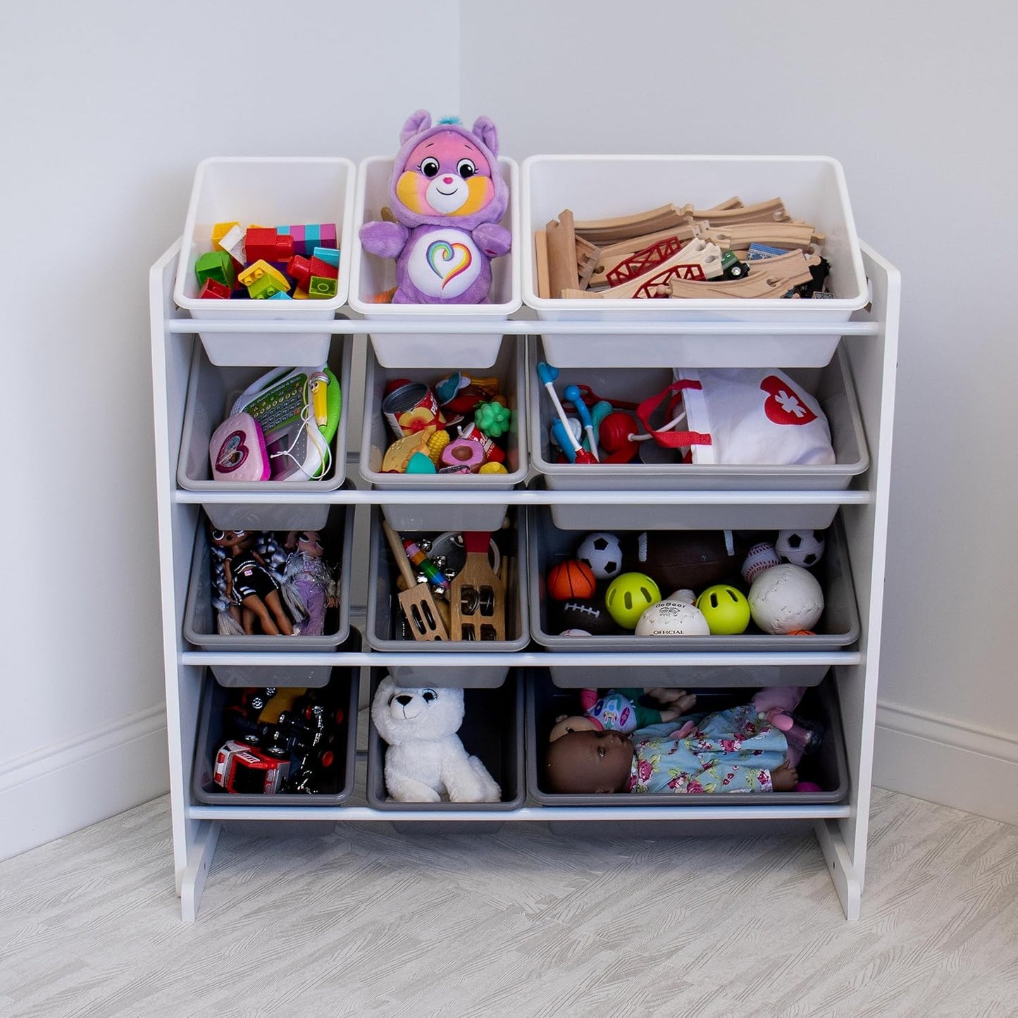 12-Bin Toy Organizer – White/Grey Gradient Ombre Frame with Chalkboard, Eraser & Chalk, Multi-Tier Storage for Kids' Playrooms and Nurseries