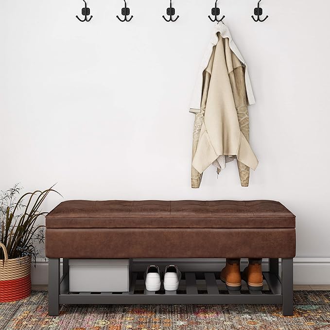SIMPLIHOME Cosmopolitan Storage Ottoman Bench - 44 inch Wide Upholstered Vegan Leather Rectangle Storage Ottoman in Distressed Saddle Brown, Transitional Bench for Bedroom with Tufted Lift-Top