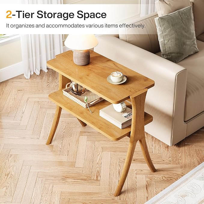Tribesigns Narrow Side Table for Living Room, Farmhouse End Table with 2-Tier Storage Shelf and Solid Wood Legs, Slim Tall Bedside Table Nightstand for Bedroom, Small Spaces, Entryway, Brown(1)