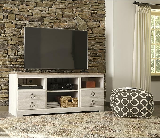 Signature Design by Ashley Willowton Coastal 4-Piece Entertainment Center for TVs up to 73" with Electric Fireplace, LED Lighting and Adjustable Temperature, Beige