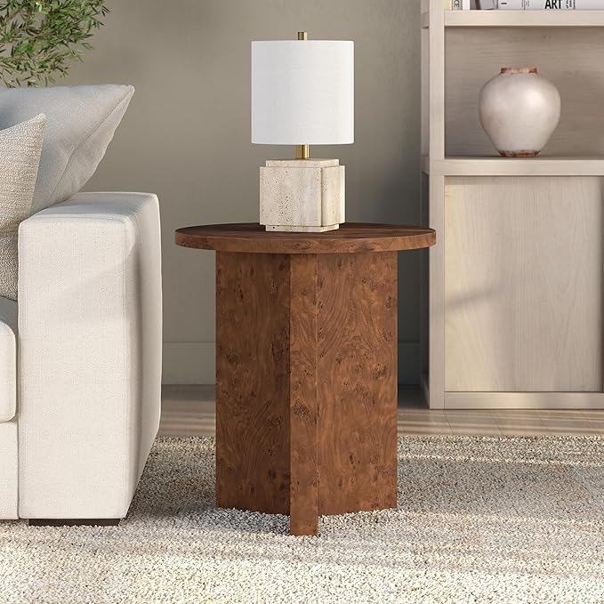Henn&Hart 20" Scandinavian Round Wooden End Table, Side Table, Nightstand with X-Base for Living Room, Office, Family Room, or Bedroom, Walnut Burl