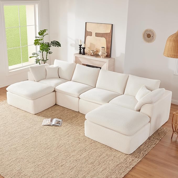 143" Cloud Sectional Couch, Boneless couches for Living Room，U Shaped Couch with Convertible Ottoman, Modular Sectional Sofa with Deep Seat, Comfy Soft Cushions, No Assembly, Beige