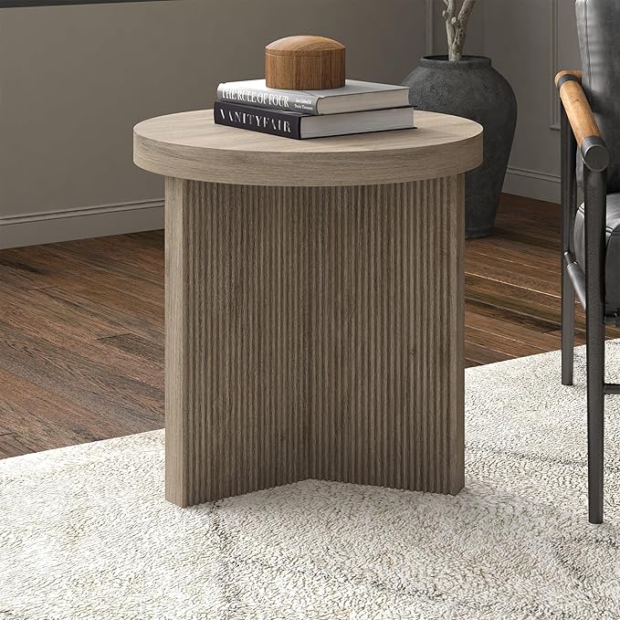 Henn&Hart 22" Fluted Scandinavian Round End Table, Ribbed Side Table, Nightstand for Living Room, Office, Family Room, or Bedroom, Antiqued Gray Oak