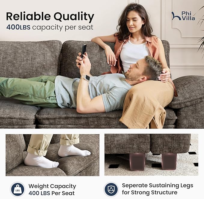 PHI VILLA Cloud Modular Couches Sets, 87.5" Sectional Loveseat Sofa with 1 Movable Ottoman, 3-Seater Comfy Couches for Living Room Apartment, Chenille Fabric, Smoky Grey