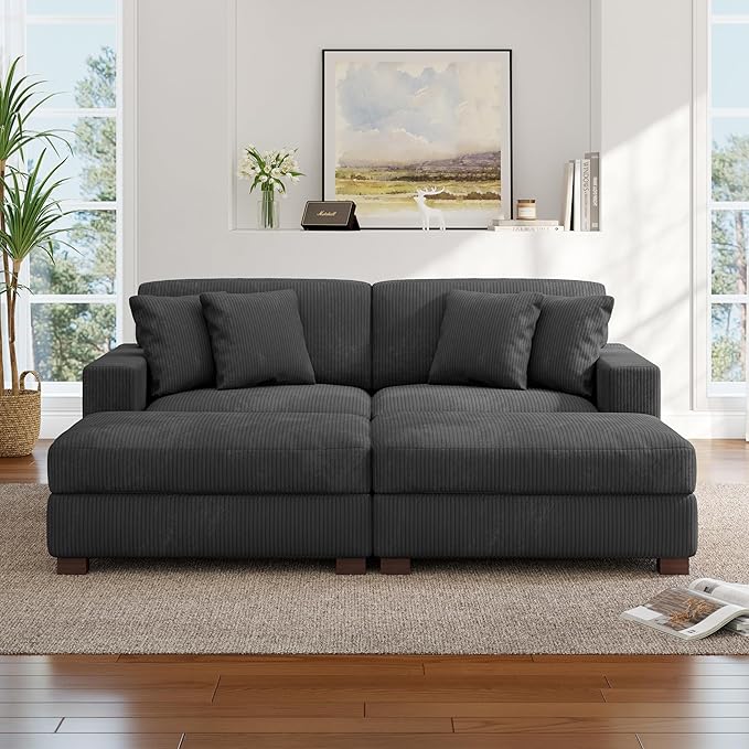 Modular Sectional Couches for Living Room, Modern Loveseat 2-Seater Sofa Couch with Ottoman, Upholstered Couches for Living Room Bedroom, Grey