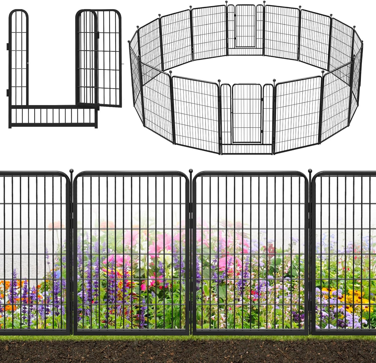 Decorative Black Metal Fencing Garden Fence with Gate, 36ft(L) 40in(H) 16 Fence Panels No Dig Fence Rustproof Animal Barrier Fence Temporary Dog Panels Fencing Outdoor