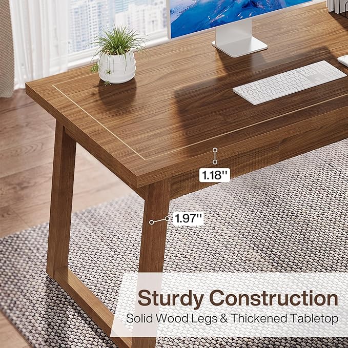 Tribesigns Home Office Executive Desk: 55 Inches Wooden Computer Desk with Drawer, Mid-Century Modern Study Writing Table, Rustic PC Laptop Desk Workstation Furniture, Walnut Brown