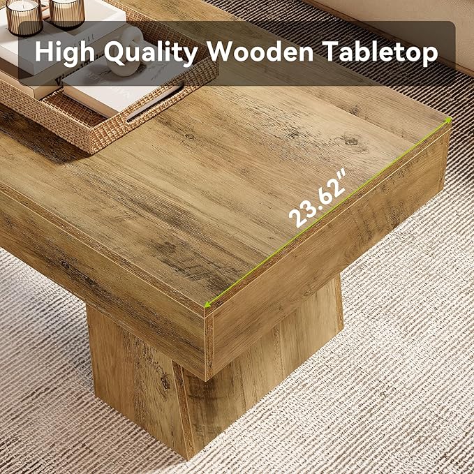 LITTLE TREE Farmhouse Coffee Table, 47 Inches Wooden Rectangular Accent Center Tables with Thick Base, Modern Low Cocktail Tea Furniture for Living Room (Rustic Brown)