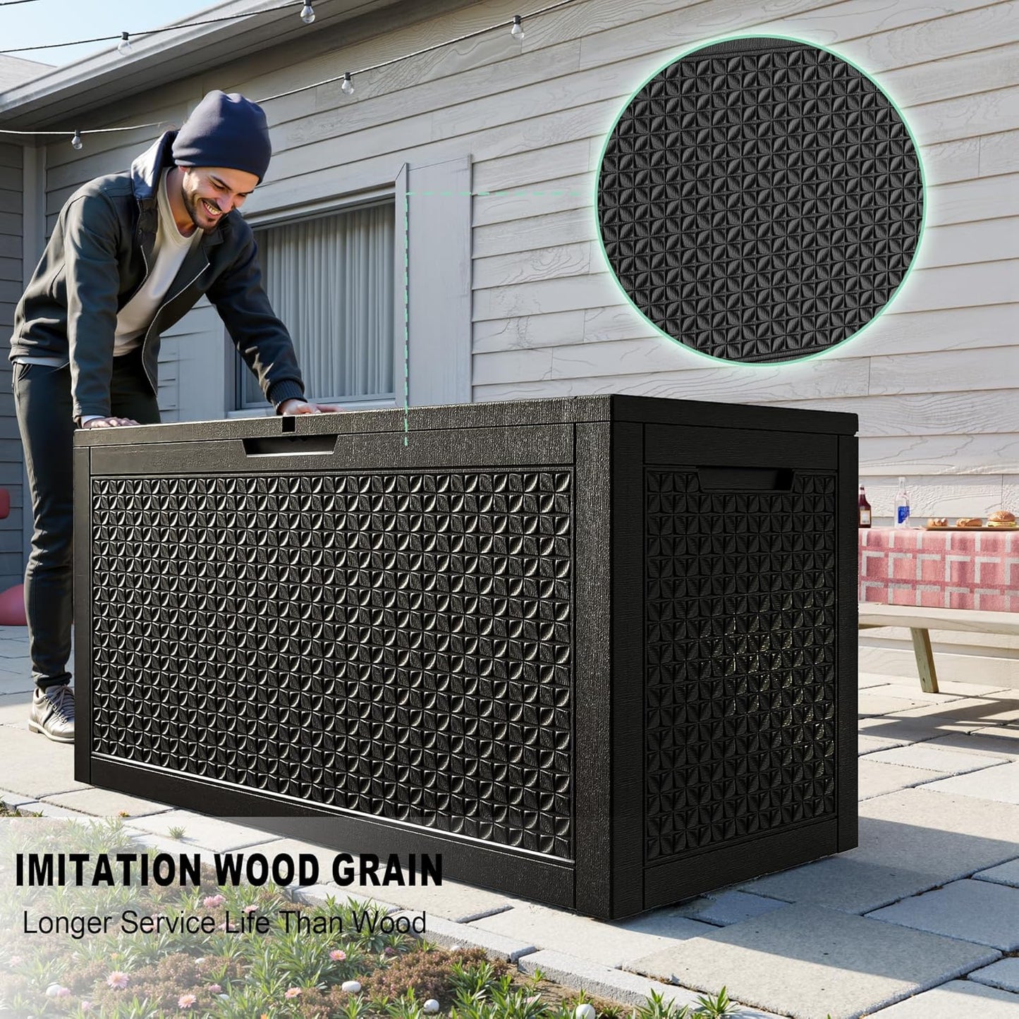 100 Gallon Resin Deck Box, Lockable Outdoor Storage Box for Patio Cushions Storage Furniture,Garden Tools, Pool Supplies, Weatherproof and UV Resistant（Black L）