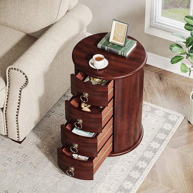 Tribesigns Solid Wood End Table, Round Side Table with 4 Drawers, Vintage Bedside Table Nightstand for Small Spaces, Living Room, Bedroom, No Assembly Required (1, Cherry Brown)