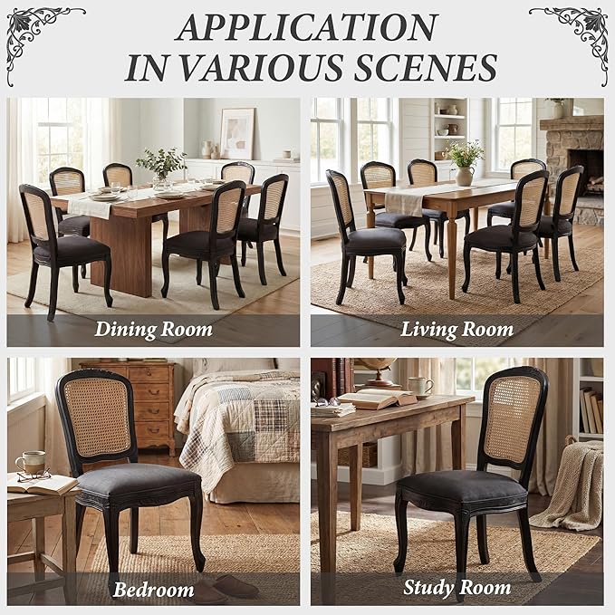Wicker Dining Chairs Set of 2, Upholstered Linen Fabric Dining Room Chairs with Square High Rattan Back Farmhouse French Kitchen Chairs for Dining Table/Living Room/Restaurant, Black