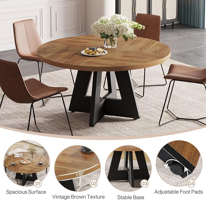 Tribesigns Farmhouse Dining Table, 47 Inch Round Dinner Table for 4, Rustic Round Dining Room Table for Home Dining Room Living Room (Walnut Brown+Black)