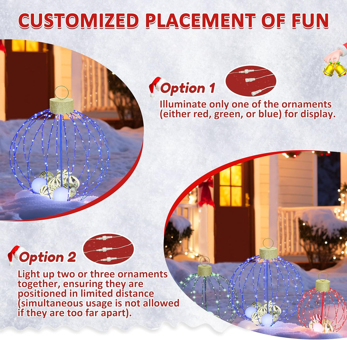 Outdoor Christmas Decorations, Set of 3 Lighted Christmas Ball Ornaments with 570 LED Lights, 6 Ground Stakes, Included 20 Small Plastic Xmas Ball Ornaments for Holiday Decor Yard