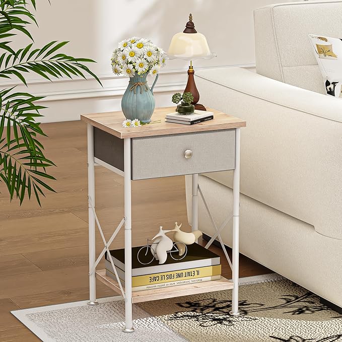 VECELO End Tables, Modern Nightstand with Fabric Drawer & Open Shelf, Night Stand for Bedroom Living Room, Industrial Metal Frame, Easy Assembly, Light Brown,1 Pack