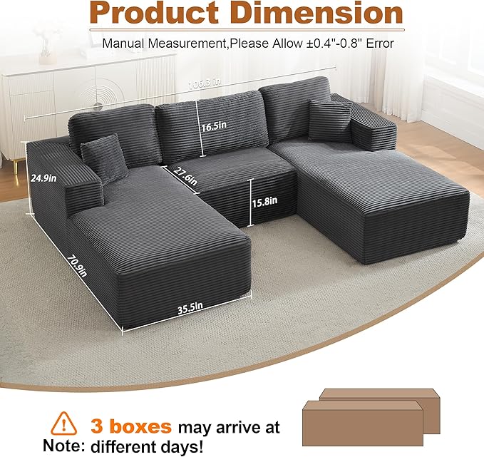 Modular Sectional Cloud Couch for Living Room,Modern Boneless Couche Set with Plush Corduroy,Comfy Floor Sofa with Memory Foam,Stupendous U Shaped Sofa,No Assembly Required,Grey