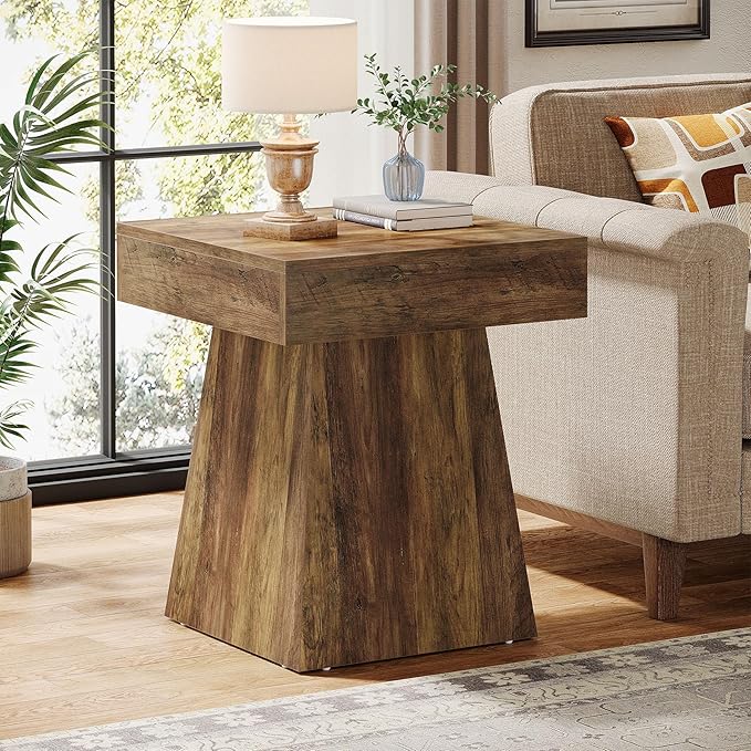 Tribesigns Small End Table Set of 2, Rustic Square Side Table with Wide Base, Farmhouse Small Nightstand Beside Bed, Next to Armchair, for Living Room, Brown