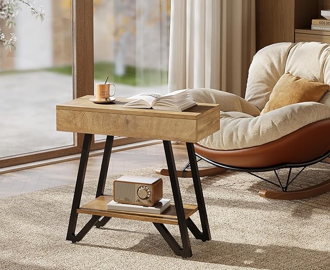Tribesigns End Side Table for Living Room, Narrow Couch Arm Side Table with Storage Shelves, Small Bedside Nightstand for Bedroom, Small Spaces, Natural