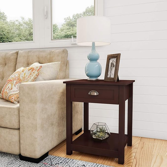 Side Table - Wooden Night Stand with Drawer and Open Storage Shelf - Shaker Style Bedroom or Living Room Furniture - Use as Bedside or End Table by Lavish Home (Brown)