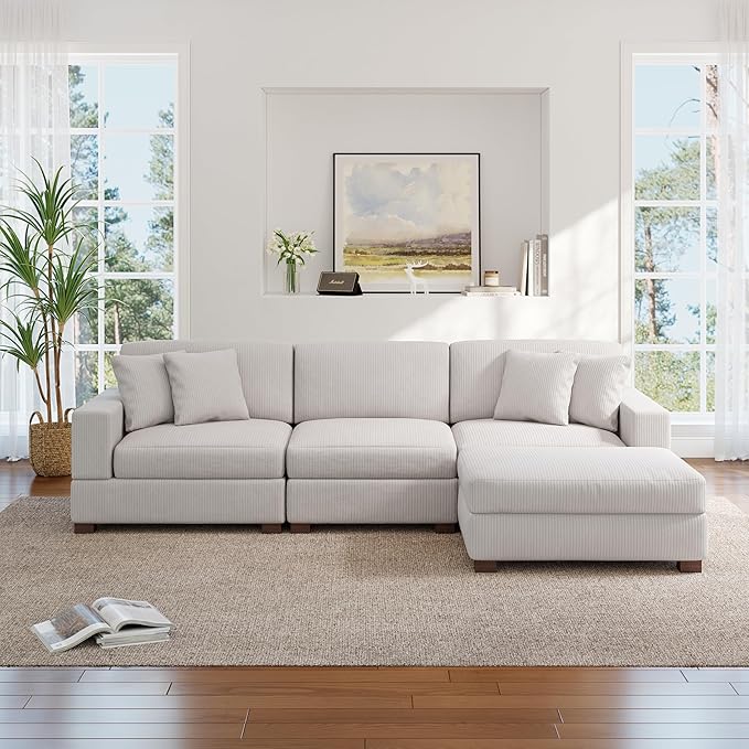 Modular Sectional Couches for Living Room, 118" Modern Upholstered Sofa Couche with Ottoman for Living Room Bedroom, Beige