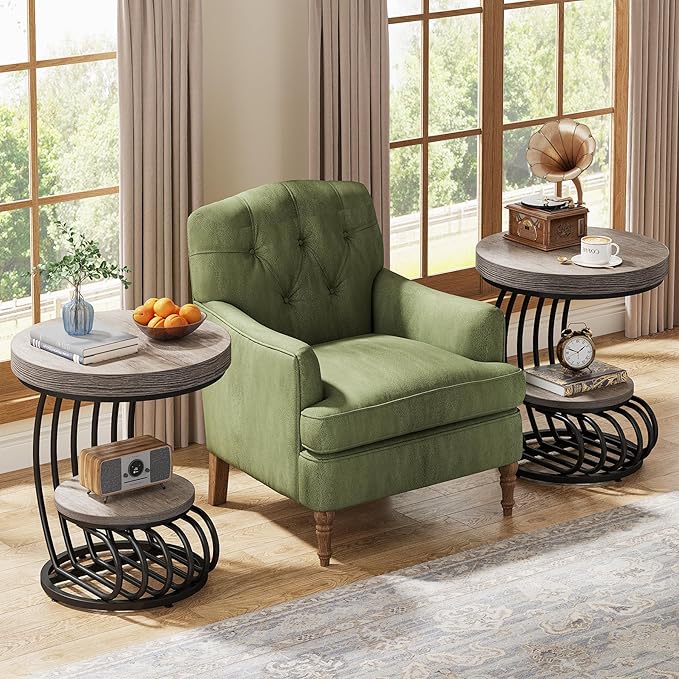 Tribesigns Round End Table Set of 2, 2-Tier Farmhose Wood Side Table with Shelf Storage, Small Sofa Side Bedside Nightstand, Accent Furniture for Living Room, Grey