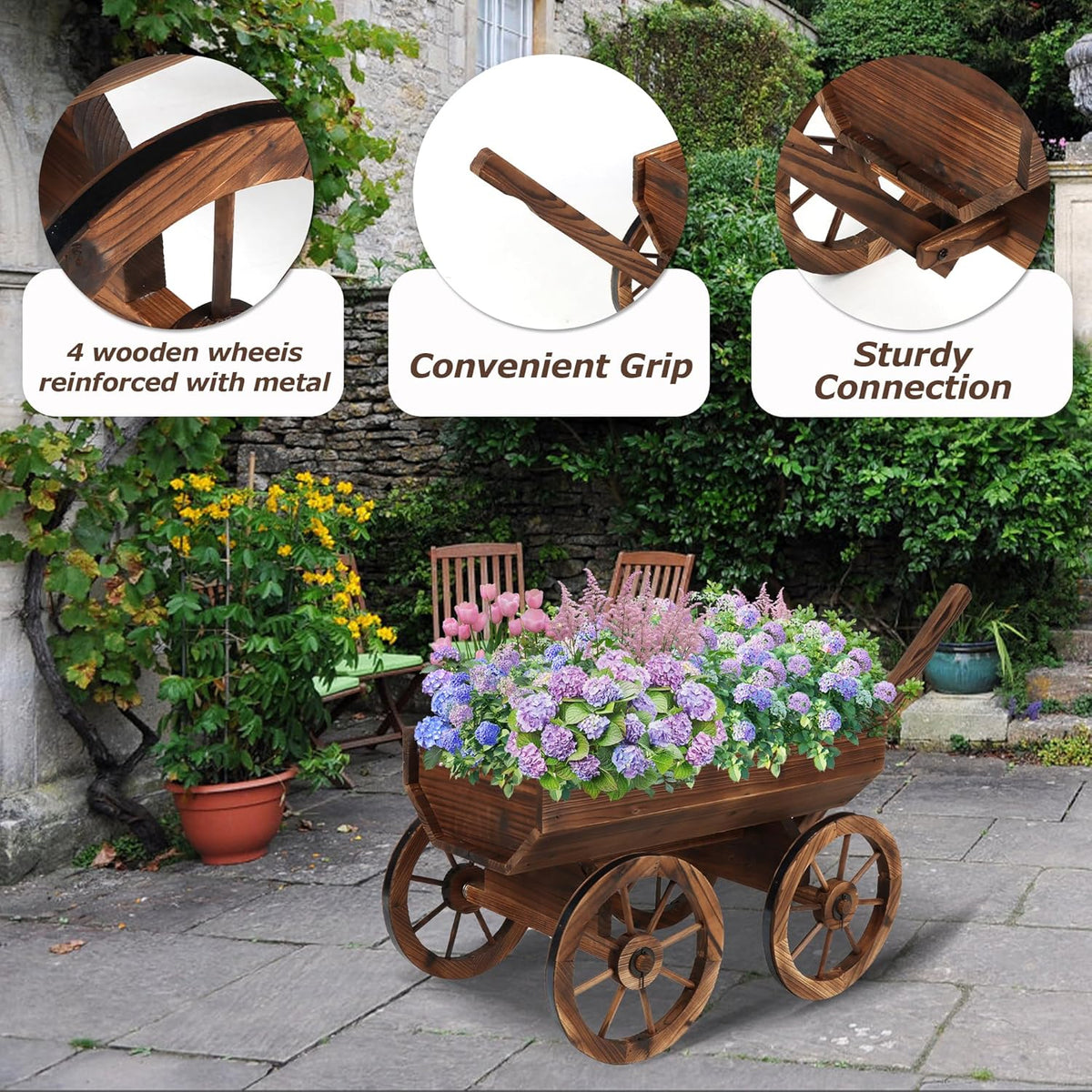 Garden Wooden Decor Rustic Flower Pot,Planters Wagon Indoor Outdoor Backyard Balcony Decor,for Outside Garden Decor Wheelbarrow Planter for Patio (Wooden Wagon with Light)