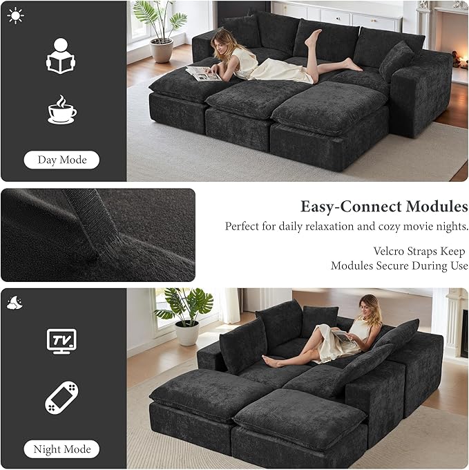 108" Sectional Couches for Living Room Boneless Couch Upholstered Cloud Couch Sectional Modular Sectional Sofa with L Shaped (Chenille-Black, 4 Seat+2 Ottoman)