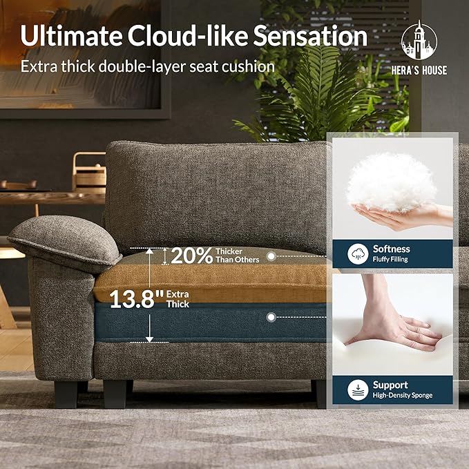 HERA'S HOUSE 124" Modular Sectional Sofa, Oversized Couches for Living Room, Comfy Cloud Couch 3-Seater Deep Seat Sofa with Throw Pillow, Chenille Ash