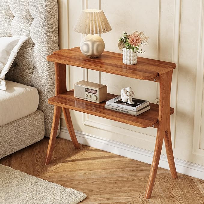LITTLE TREE Narrow Side Table Set of 2, Small Side Table, 2-Tier Farmhouse End Table with Solid Wood Legs, Space-Saver for Living Room, Bedroom, Entryway (Walnut)
