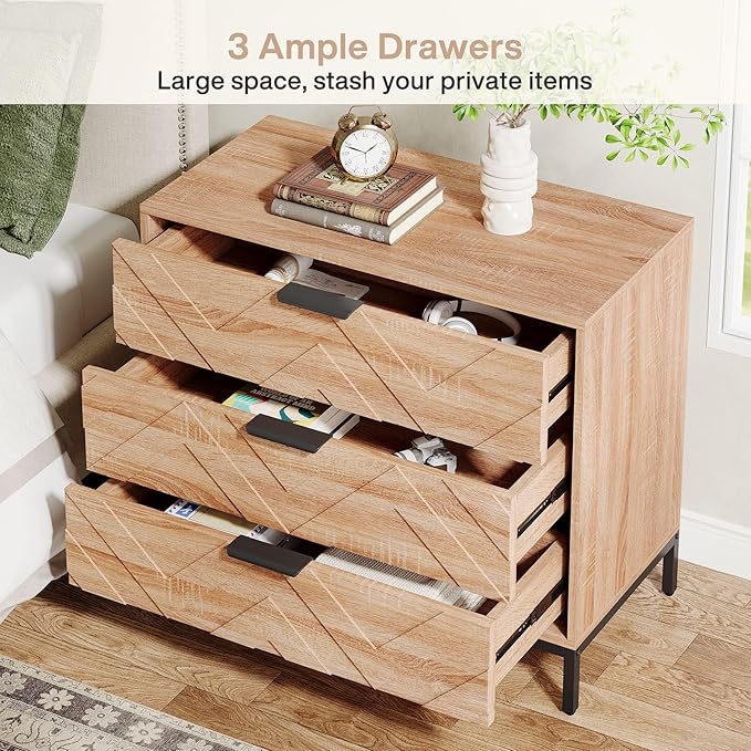 Tribesigns Wooden Nightstand Set of 2 with 3 Drawers, 31" Wide Night Stand with Metal Legs, Modern Large Bedside End Table for Bedroom, Living Room