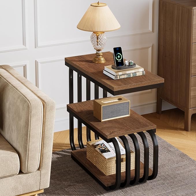 Tribesigns Small End Table, Narrow Side or Bedside Stand, 3 Tier Design Accent Table with Metal Frame, Industrial Vintage Nightstand for Living Room, or Small Spaces (2, Brown)