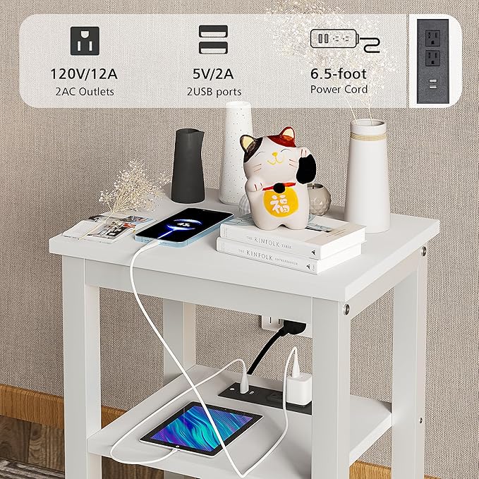 VECELO Modern Nightstands with Charging Station,Side End Table Night Stand with Storage Shelf for Small Spaces, Bedroom,Living Room