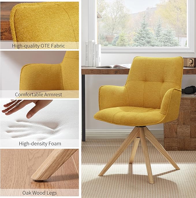 Art Leon Mid Century Modern Desk Chair - Fabric Upholstered Office Chair No Wheels, Swivel Armchair with Oak Wood Legs for Small Space Living Room Bedroom, Set of 2, Yellow