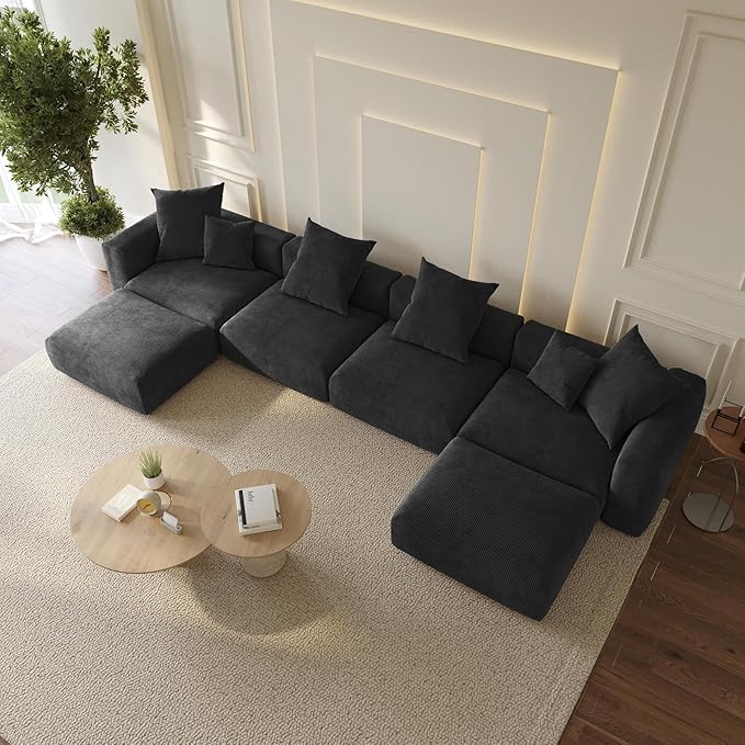 WJShome Cloud Couch Modular Sectional Sofa,181.1inch U Shaped Couch,Oversized Corduroy Couches with Ottoman and 6 Pillows,Black 6 Seater,Cushion Covers Removable& Washable