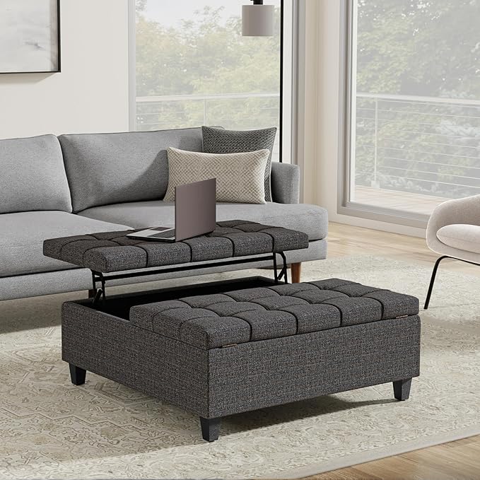 SIMPLIHOME Harrison 40 inch Wide Transitional Square Large Coffee Table Storage Ottoman in Ebony Polyester Tweed, Assembled, for The Living Room and Bedroom