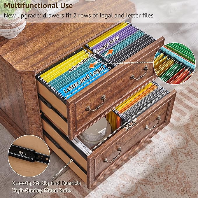 T4TREAM 34" Lateral File Cabinet with 2 Drawers, Farmhouse Filing Cabinet with 34" Wide Wooden Tabletop & Smooth Rails, Holds Letter/Legal, Hexagonal Design & Framed Drawer Fronts, Reclaimed Barnwood