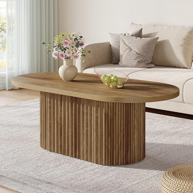 Tribesigns Oval Coffee Table, 47.2" Farmhouse Wooden Center Table with Fluted Design, for Living Room, Office, Apartment, Rustic Brown