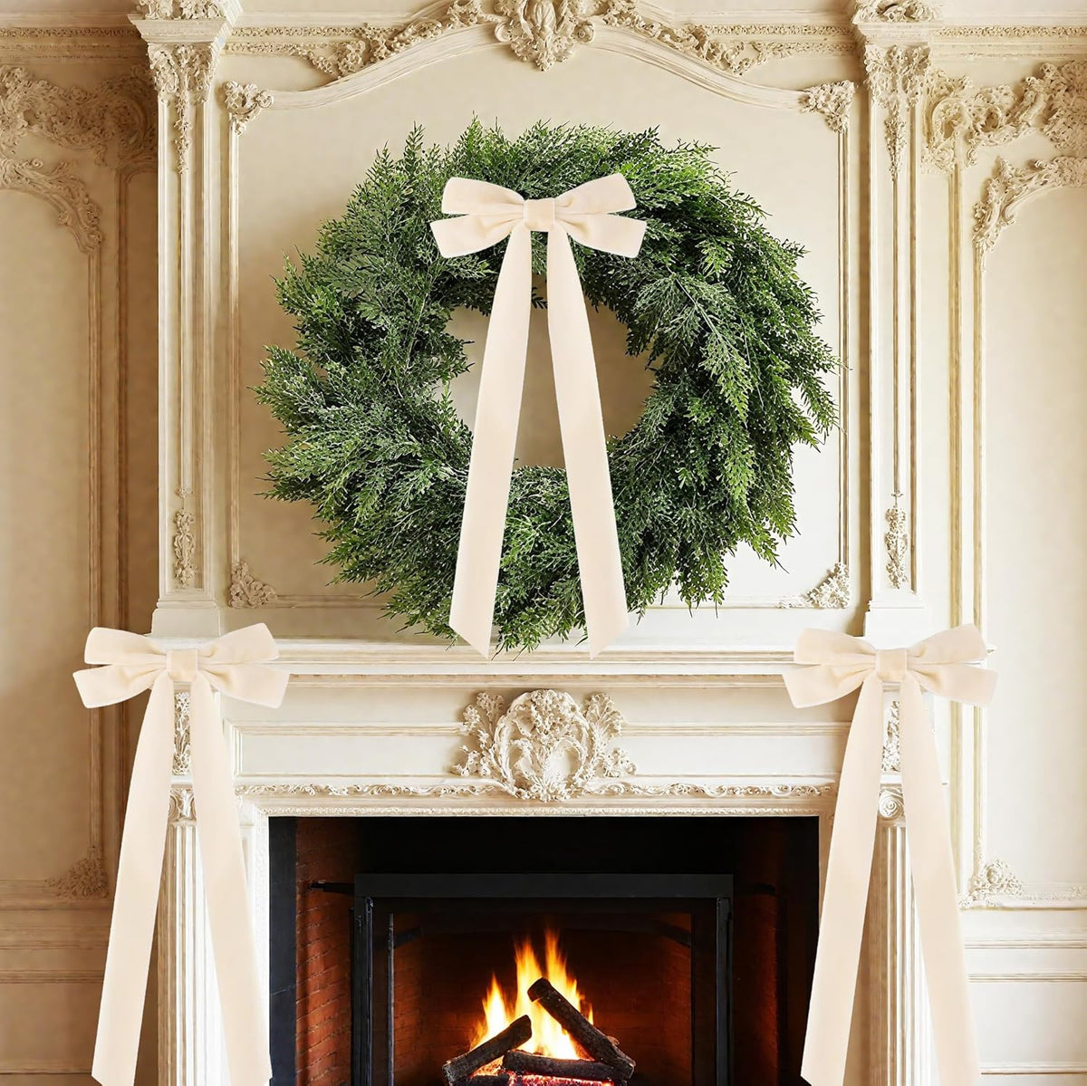 Senjie Velvet Large Christmas Bows for Staircase Garland Wreath, 20in x 8in Vintage Ribbon Bows with Twist Tie for Xmas Tree Holiday Indoor Outdoor Decorations (6Pcs, Beige)