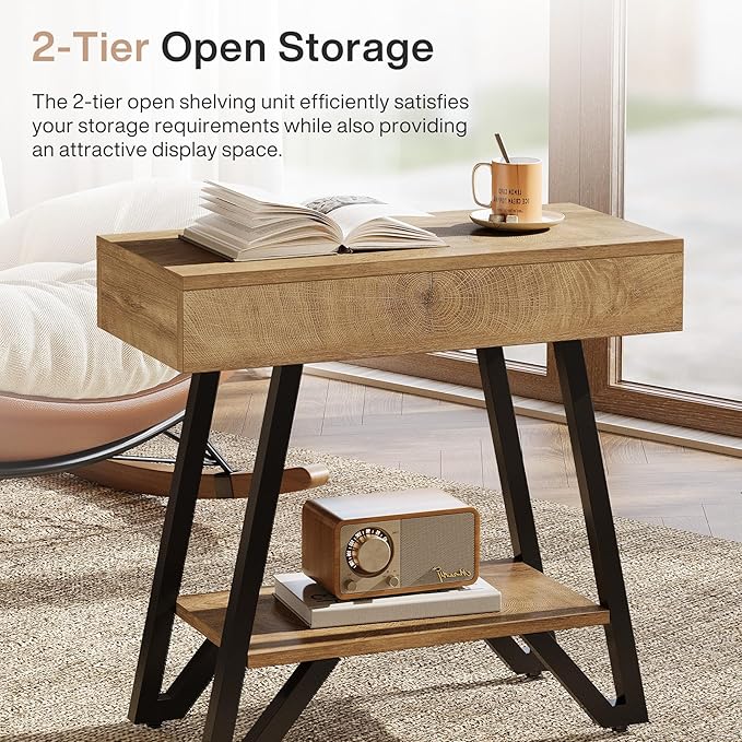 Tribesigns End Side Table for Living Room, Narrow Couch Arm Side Table with Storage Shelves, Small Bedside Nightstand for Bedroom, Small Spaces, Natural(Set of 2)