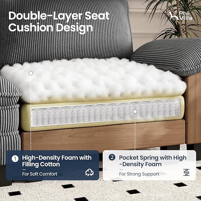 PHI VILLA Cloud Modular Couch Sets, 123.6" Sectional Sofa with L-Shaped Chaise, 4-Seater Upholstered Couches with Movable Ottoman for Living Room, Corduroy Fabric, Grey