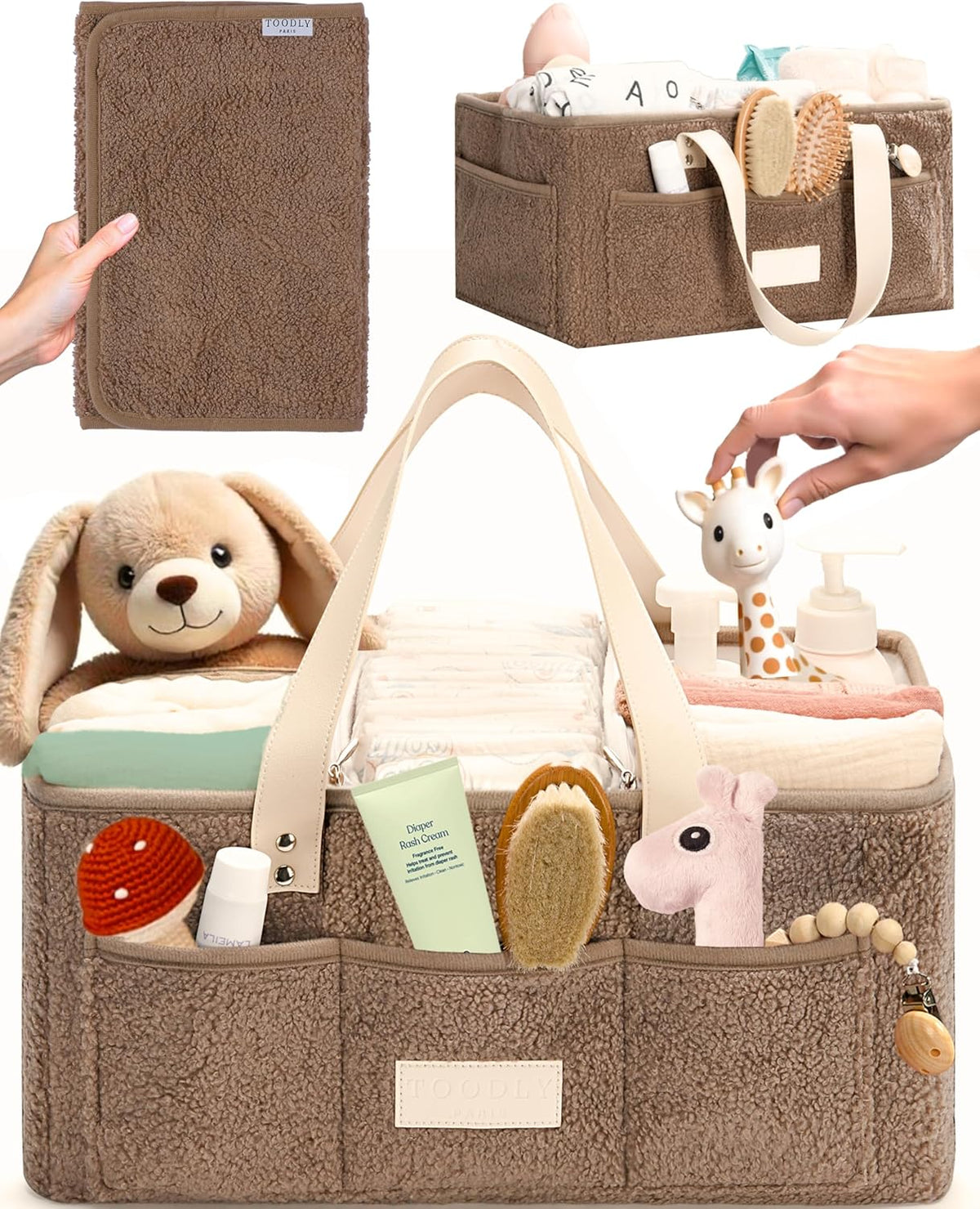 Baby Diaper Caddy Organizer with Portable Changing Mat - Teddy Fleece Diaper Organizer for Changing Table - Basket for Changing Essentials - Baby Essentials Organizer with Removable Dividers