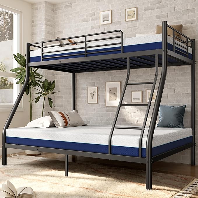 Bunk Beds Twin Over Full Size with 6'' Mattresses Included, Heavy Duty Metal Bunk Bed Frame with Angled Ladder for Teens and Adults, for Spaces-Saving, Smooth Rounded Edges, Black