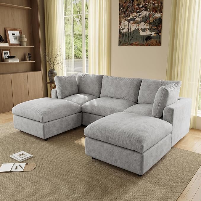 WJShome 100 Inch U Shaped Modern Sofa Modular Sectional Cloud Couch with 2 Ottoman, 4-Seat Chenille Deep Seat Couches for Living Room, Bedroom and Apartment，Gray