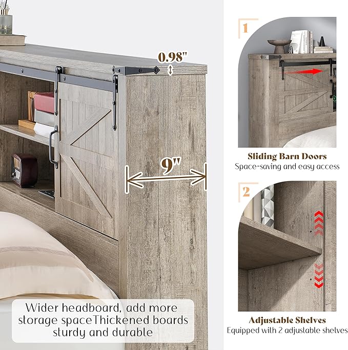 AMERLIFE Farmhouse King Bed Frame, Rustic Wood Platform Bed w/Barn Door Storage Bookcase Headboard & Charging Station, Bedroom Furniture, No Box Spring Needed, Light Grey