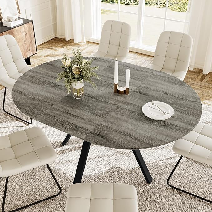Extendable Round Dining Table Set for 6 People, 43.3"-59.1" Extendable Kitchen Table with 6 Upholstered Chairs, Space Saving for Kitchen Dining Room (Grey Table+6 U-Shaped White Chairs)