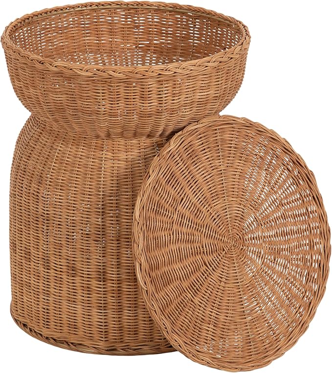 Kate and Laurel Thatch Modern Woven Rattan Round Storage Side Table, 17 x 17 x 21, Natural Rattan, Lift-Top End Table for Use as Hidden Storage Basket, Nursery Toy Storage, or Small Laundry Hamper