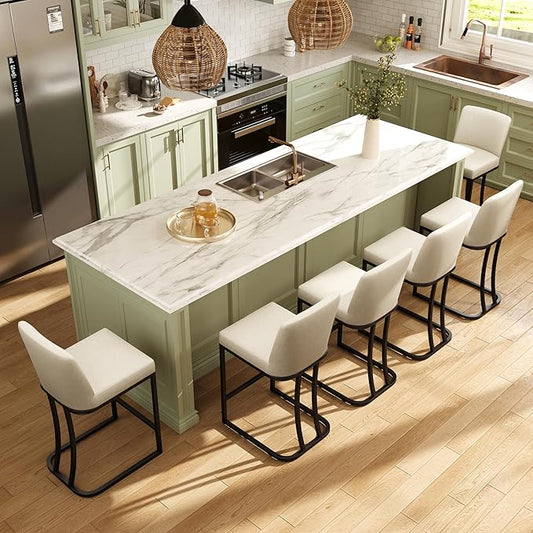MAISON ARTS Counter Height Bar Stools with Back Set of 6 for Kitchen Counter, 24 Inch Modern Upholstered Faux Leather Barstools Farmhouse Bar Chairs Luxury Island Stools Support 330LBS, Light Grey