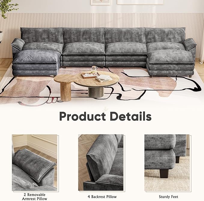 Furniwell Modular Sectional Sofa with Moveable Ottoman, Oversized 3-Seater Couch with Supportive Backrest, Chenille Convertible Sofa Couches for Living Room/Apartment (Grey, U Shaped)